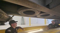 Lt. F. Caballero (left) and another officer, J. Henson, in the pit inspecting a trailer with spare tires wedged in its frame rails. “I’ve been doing this 19 years, and that’s the first time I’ve ever seen that,” Caballero said. “That’s why I try to tell a lot of the younger generation … you’re not going to see everything you’re going to run across in your career in this one-year timespan' of training. Lt. F. Caballero (left) and another officer, J. Henson, in the pit inspecting a trailer with spare tires wedged in its frame rails. “I’ve been doing this 19 years, and that’s the first time I’ve ever seen that,” Caballero said. “That’s why I try to tell a lot of the younger generation … you’re not going to see everything you’re going to run across in your career in this one-year timespan' of training.