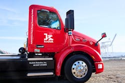 The battery-electric Peterbilt Model 579EV with Kodiak Driver autonomous hardware and software has a 150-mile range and takes about three hours to fully charge.