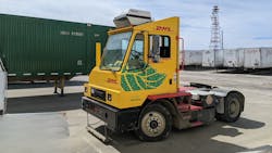 DHL has electrified half of its yard tractor fleet. The pictured puller is from Orange EV. DHL has electrified half of its yard tractor fleet. The pictured puller is from Orange EV.