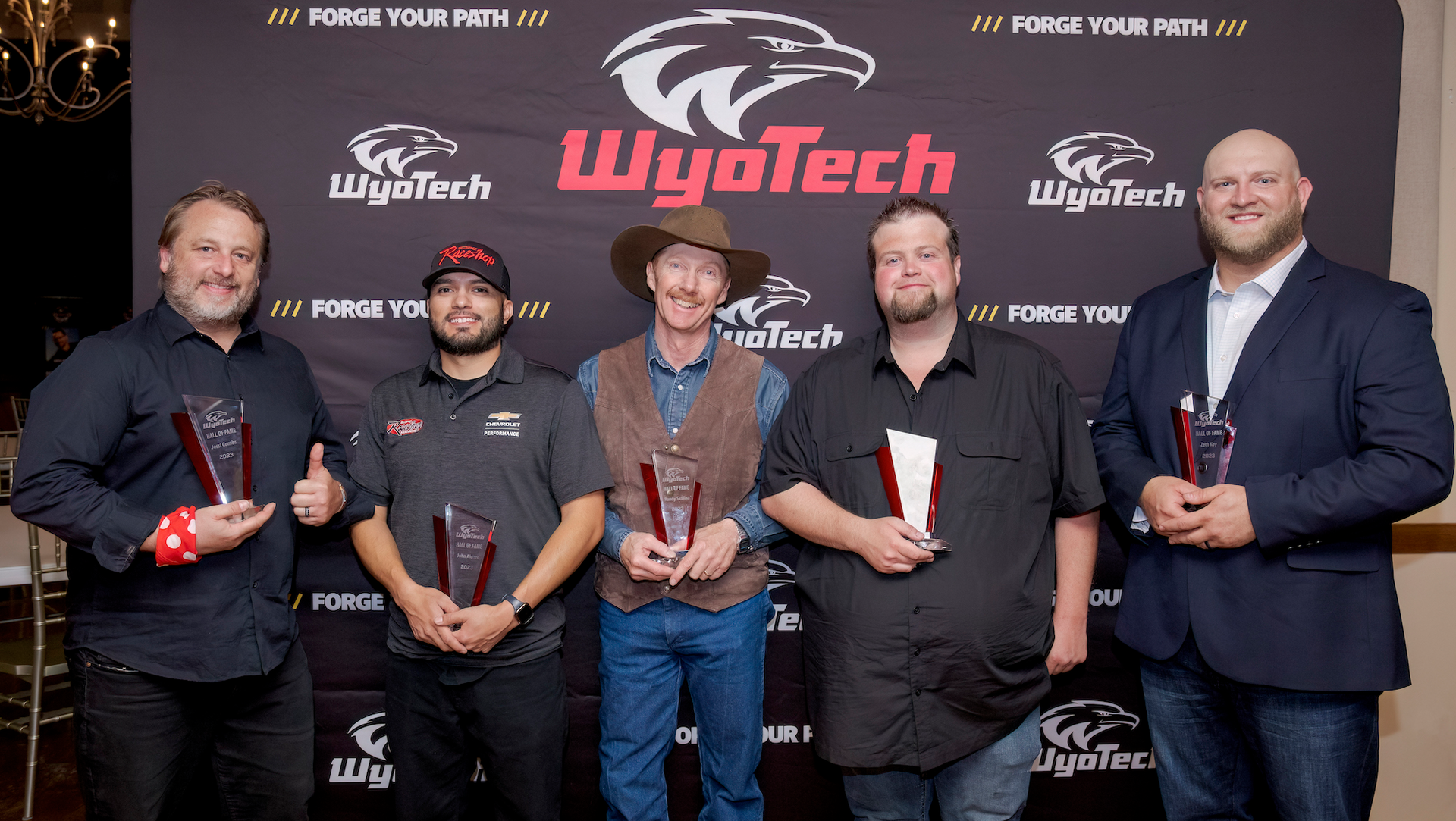 From left to right: Kelly Combs (Jessi&rsquo;s brother, standing in for her); John Alonzo; Randy Svalina; Dave Gilley; Zeth Key. Not pictured: Levi Green