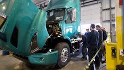 Technicians at Camions Volvo Montreal complete their required training on the Volvo VNR Electric as part of the Volvo Trucks EV Certified dealership designation. Technicians at Camions Volvo Montreal complete their required training on the Volvo VNR Electric as part of the Volvo Trucks EV Certified dealership designation.
