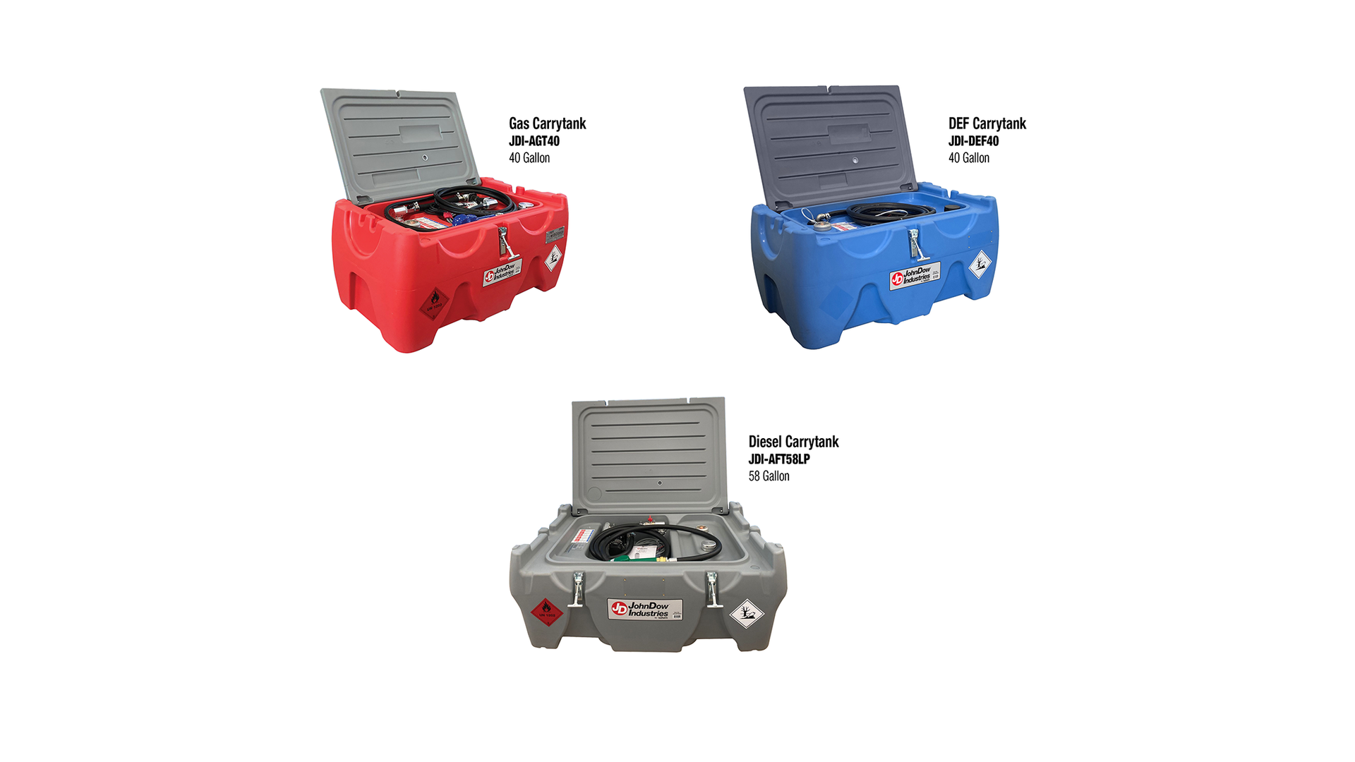 40-Gallon Gasoline Carrytank (JDI-AGT40), the 40-Gallon DEF Carrytank (JDI-DEF40), and the 58-Gallon Diesel Carrytank (JDI-AFT58LP) by JohnDow Industries