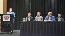 From left to right are Amber Edmondson, 2023-24 TCA refrigerated division chairman, Carrier Transicold’s Patrick McDonald and Bill Maddox, and Thermo King’s Sam Doerr, and Larry Risi, who discussed technicians, parts, and temperature-controlled developments during TCA’s 2023 Refrigerated Meeting in Park City, Utah. From left to right are Amber Edmondson, 2023-24 TCA refrigerated division chairman, Carrier Transicold’s Patrick McDonald and Bill Maddox, and Thermo King’s Sam Doerr, and Larry Risi, who discussed technicians, parts, and temperature-controlled developments during TCA’s 2023 Refrigerated Meeting in Park City, Utah.