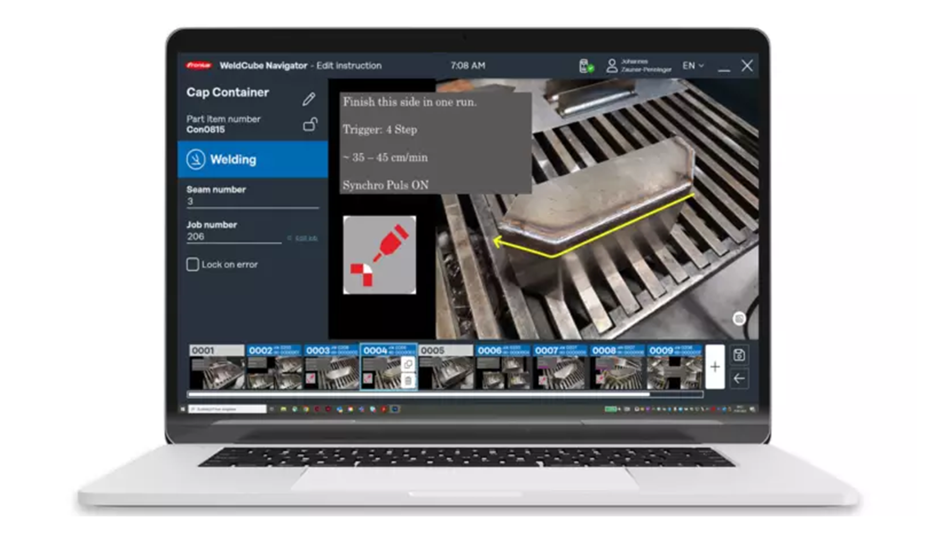 The WeldCube Navigator software by Fronius is a digital welding sequence plan available for TPS/i that guides the welder precisely and safely through tasks.