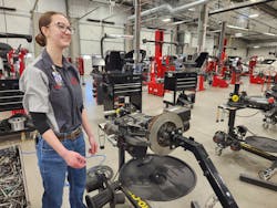WyoTech student Sarah Himan gives a demonstration in the Dave Kuhn Training Facility.