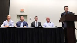 From left to right are ConMet&rsquo;s Mark Trahand, Thermo King&rsquo;s Chris Tanaka, eNow&rsquo;s Ryan Kemet, Advanced Energy Machines&rsquo; Robert Koelsch, and PLM Fleet&rsquo;s Don Durm.