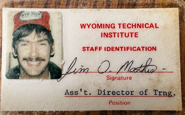 Mathis&apos; ID card in his second role at WyoTech.