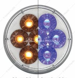 An amber and blue United Pacific Industries Double Fury turn signal lamp An amber and blue United Pacific Industries Double Fury turn signal lamp