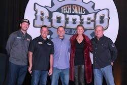 2023's All-Around Grand Champion, Dallas technician Michael French, was crowned at the Tech Skills Rodeo Awards Dinner. From left to right: Chase Briscoe, the current driver of the No. 14 car; NASCAR Hall of Famer Tony Stewart; French; NHRA Top Fuel Drag Racer Leah Pruett and wife to Stewart; and Rush Enterprises CEO and President W.M. “Rusty” Rush. 2023's All-Around Grand Champion, Dallas technician Michael French, was crowned at the Tech Skills Rodeo Awards Dinner. From left to right: Chase Briscoe, the current driver of the No. 14 car; NASCAR Hall of Famer Tony Stewart; French; NHRA Top Fuel Drag Racer Leah Pruett and wife to Stewart; and Rush Enterprises CEO and President W.M. “Rusty” Rush.