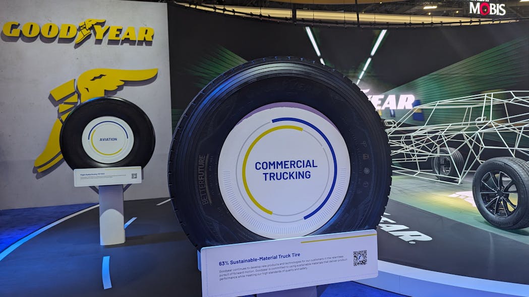 This Goodyear commercial trucking tire is made with 63% sustainable material.