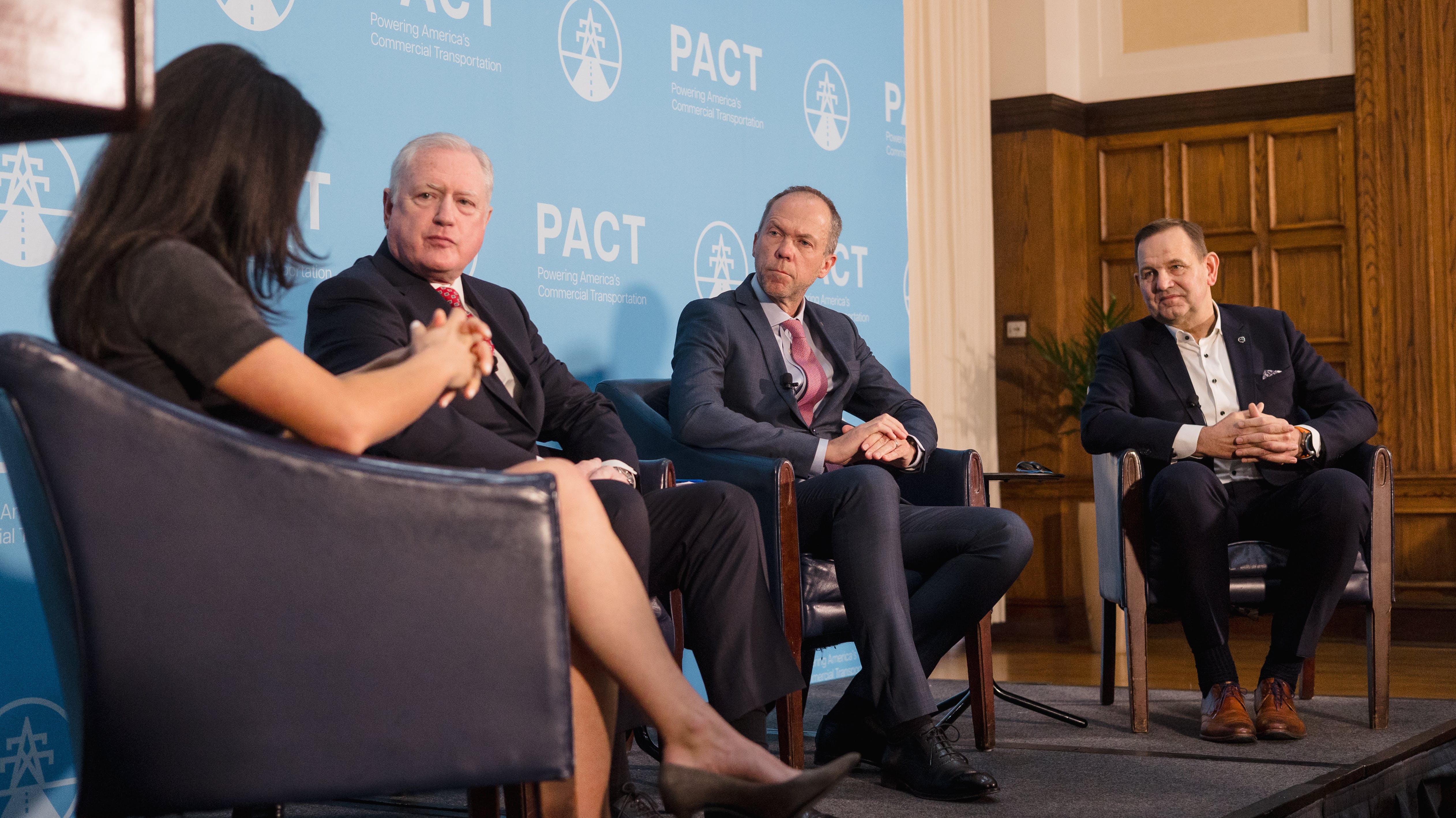 DTNA CEO and President John O&rsquo;Leary, Navistar President and CEO Mathias Carlbaum, and VTNA President Peter Voorhoeve discuss their new coalition during a moderated panel at the National Press Club in Washington, D.C., on Jan. 30.