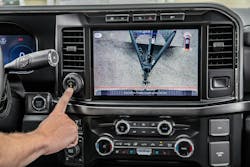 Ford Pro Trailer Hitch Assist autonomously reverses a pickup right to the trailer connection. Ford Pro Trailer Hitch Assist autonomously reverses a pickup right to the trailer connection.