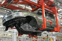 A Ram 2500 moves along the assembly line at Stellantis&apos; Saltillo Truck Assembly Plant in Mexico.