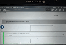 This is the gas test results from a non-suspect injector cancelation. When compared to the previous capture the difference in change is obvious. This concludes that there is an issue with injector No. 6 or its related circuitry. This is the gas test results from a non-suspect injector cancelation. When compared to the previous capture the difference in change is obvious. This concludes that there is an issue with injector No. 6 or its related circuitry.