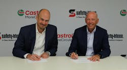 Andreas Osbar, CEO of Castrol Americas (left) and Brian Weber, President of Safety-Kleen Sustainability Solutions, a segment of Clean Harbors, sign the MoreCircular partnership agreement. This will enable Castol to collect and recycle used customer engine oil into new products.