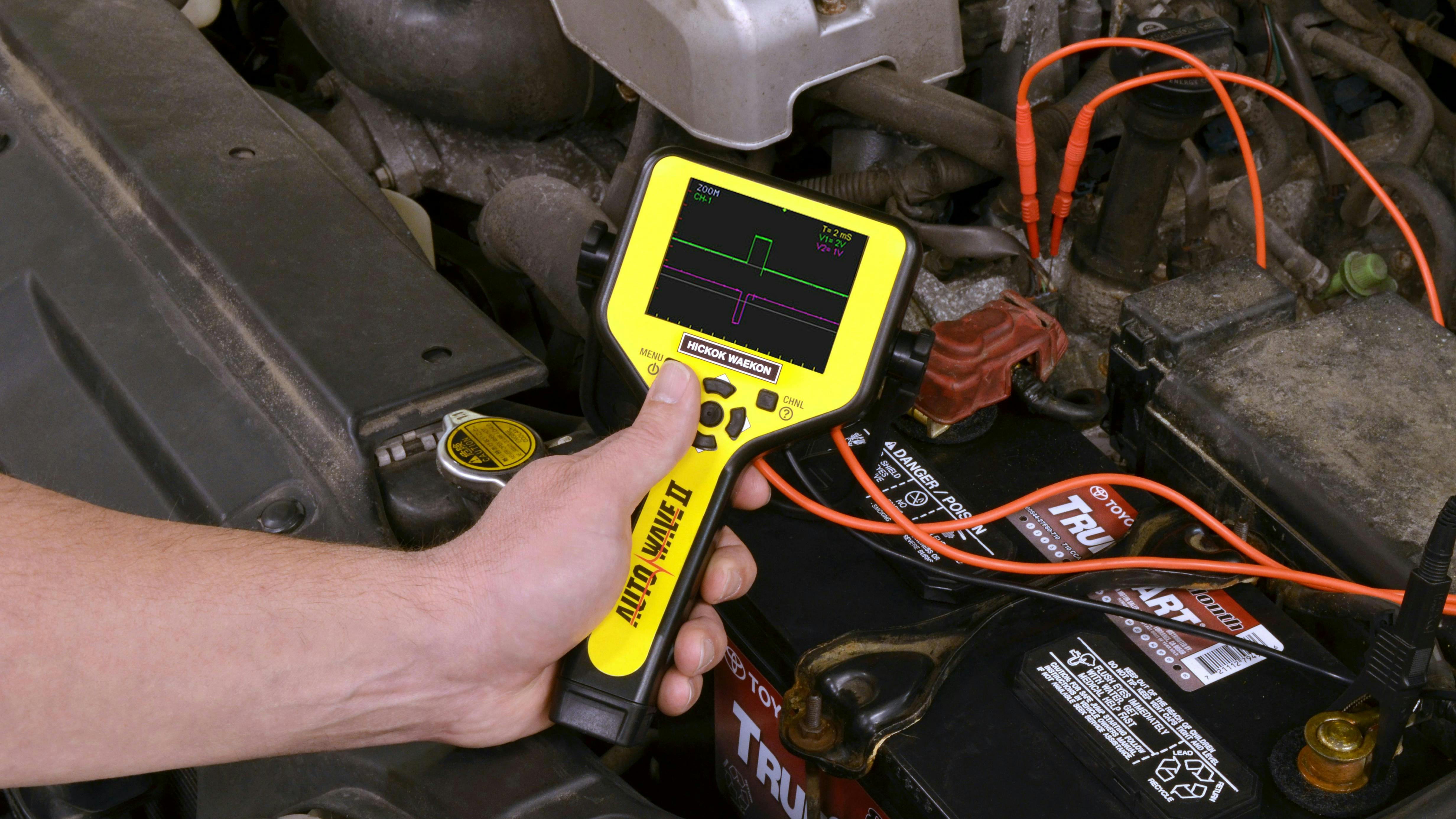 Hickock Waekon&rsquo;s Auto Wave II is more of an entry-level oscilloscope. It&rsquo;s a standalone handheld unit offering two channels, which keeps things simple for inexperienced techs. That said, two channels are all techs need to perform common waveform diagnostic tests like cam and crank and to simultaneously view high- and low-speed CAN protocols to verify communication.