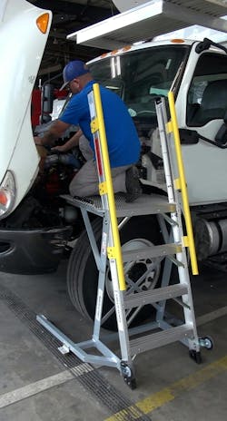 The 44LNCTRKPLT is a multipurpose ladder with a 44' high platform and wide feet that slide around the tire for engine work on large work vehicles. Also comes in 42', 43' and 46' heights depending on tire size. The 44LNCTRKPLT is a multipurpose ladder with a 44' high platform and wide feet that slide around the tire for engine work on large work vehicles. Also comes in 42', 43' and 46' heights depending on tire size.