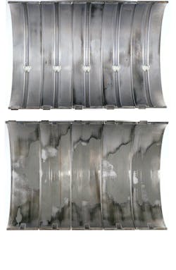 Even though PC-12 oils will likely have tighter chemical boxes, oil marketers are confident that this next generation of oils will continue to provide the wear protection heavy-duty fleets need. Pictured here is wear on a set of heavy-duty main bearings after 10,000 hours. Even though PC-12 oils will likely have tighter chemical boxes, oil marketers are confident that this next generation of oils will continue to provide the wear protection heavy-duty fleets need. Pictured here is wear on a set of heavy-duty main bearings after 10,000 hours.