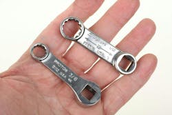 Shown here are two examples of torque wrench extensions. Both are 3/8-inch drive. The upper features a 12-point ½-inch box wrench and the lower is a 3/8-inch box wrench. Common sizes in both 6 point and 12 point are available. These extensions allow you to utilize a torque wrench in areas that feature access challenges. Shown here are two examples of torque wrench extensions. Both are 3/8-inch drive. The upper features a 12-point ½-inch box wrench and the lower is a 3/8-inch box wrench. Common sizes in both 6 point and 12 point are available. These extensions allow you to utilize a torque wrench in areas that feature access challenges.