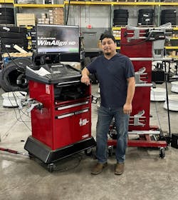 Wheel balancing and alignments have become routine procedures in HD Repair’s PM regimen. Pictured here is Miguel Miranda, fleet maintenance manager, next to his shop’s heavy-duty alignment equipment from Hunter Engineering. Wheel balancing and alignments have become routine procedures in HD Repair’s PM regimen. Pictured here is Miguel Miranda, fleet maintenance manager, next to his shop’s heavy-duty alignment equipment from Hunter Engineering.