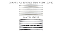 These two images show how a well-formulated synthetic 10W-30, CITGARD 700 Synthetic Blend HDEO, can provide better engine protection compared to a low-TBN 10W-30. The difference in the carbon buildup on the rings shows how much cleaner CITGARD 700 10W-30 can keep moving parts. The enhanced oxidation control helps reduce sludge, varnish, and oil thickening, thus maintaining oil viscosity and fuel economy. These two images show how a well-formulated synthetic 10W-30, CITGARD 700 Synthetic Blend HDEO, can provide better engine protection compared to a low-TBN 10W-30. The difference in the carbon buildup on the rings shows how much cleaner CITGARD 700 10W-30 can keep moving parts. The enhanced oxidation control helps reduce sludge, varnish, and oil thickening, thus maintaining oil viscosity and fuel economy.