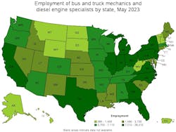 The employment rate of bus and truck technicians and diesel engine specialists by state from the U.S. BLS. The employment rate of bus and truck technicians and diesel engine specialists by state from the U.S. BLS.
