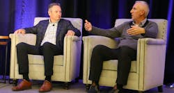 Dave Williams, Knight-Swift Transportation senior vice president of equipment and government affairs, at left; and Ron Hall, CR England VP of equipment and fuel, discuss evolving reefer technologies during TCA's 2024 Refrigerated Meeting in Stowe, Vermont. Dave Williams, Knight-Swift Transportation senior vice president of equipment and government affairs, at left; and Ron Hall, CR England VP of equipment and fuel, discuss evolving reefer technologies during TCA's 2024 Refrigerated Meeting in Stowe, Vermont.