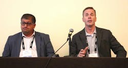 Deen Albert, Grand Island Express vice president of operations, at left; and Dean Gobrecht, Orbcomm sales engineer, discuss refrigerated operations during the Truckload Carriers Association's 2024 Refrigerated Meeting in Stowe, Vermont. Deen Albert, Grand Island Express vice president of operations, at left; and Dean Gobrecht, Orbcomm sales engineer, discuss refrigerated operations during the Truckload Carriers Association's 2024 Refrigerated Meeting in Stowe, Vermont.