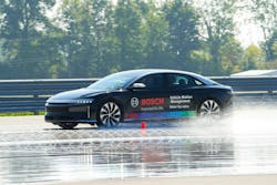 Bosch Mobility took steer-by-wire a few steps further, adding its “Vehicle Motion Management” technology to a Lucid Air with steer-by-wire technology. In the demo, media attendees were asked to perform a hard brake on a wet course and perform multiple swerving steering motions. Bosch Mobility took steer-by-wire a few steps further, adding its “Vehicle Motion Management” technology to a Lucid Air with steer-by-wire technology. In the demo, media attendees were asked to perform a hard brake on a wet course and perform multiple swerving steering motions.