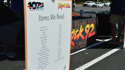 The list of requested donation items at Mack's Rollin' Relief drive included bottled water, paper towels, toiletries, and first aid supplies. The list of requested donation items at Mack's Rollin' Relief drive included bottled water, paper towels, toiletries, and first aid supplies.