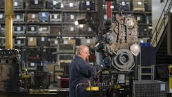As an alternative to an in-frame overhaul, swinging a reman engine is another option for fleets looking to extend the life of a vehicle. Remanufactured engines are factory-assembled and tested by the OE. Pictured is a technician in a Detroit reman center. As an alternative to an in-frame overhaul, swinging a reman engine is another option for fleets looking to extend the life of a vehicle. Remanufactured engines are factory-assembled and tested by the OE. Pictured is a technician in a Detroit reman center.