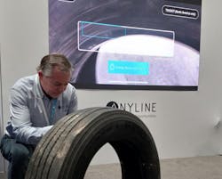 Brian Troxell, pre-sales engineer at Anyline, demonstrates how the scanning platform instantly captures tire data, like sidewall condition, and the analytics side tells the user if that condition is satisfactory or not. Brian Troxell, pre-sales engineer at Anyline, demonstrates how the scanning platform instantly captures tire data, like sidewall condition, and the analytics side tells the user if that condition is satisfactory or not.