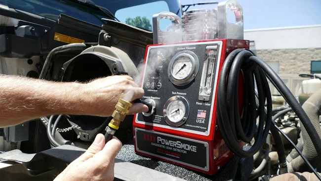 When a smoke machine’s vapor-producing fluid is heated up, it creates white smoke (as pictured) that is pushed into the system under pressure. In some instances, UV dyes may also be incorporated to add another visual indication that a leak exists.