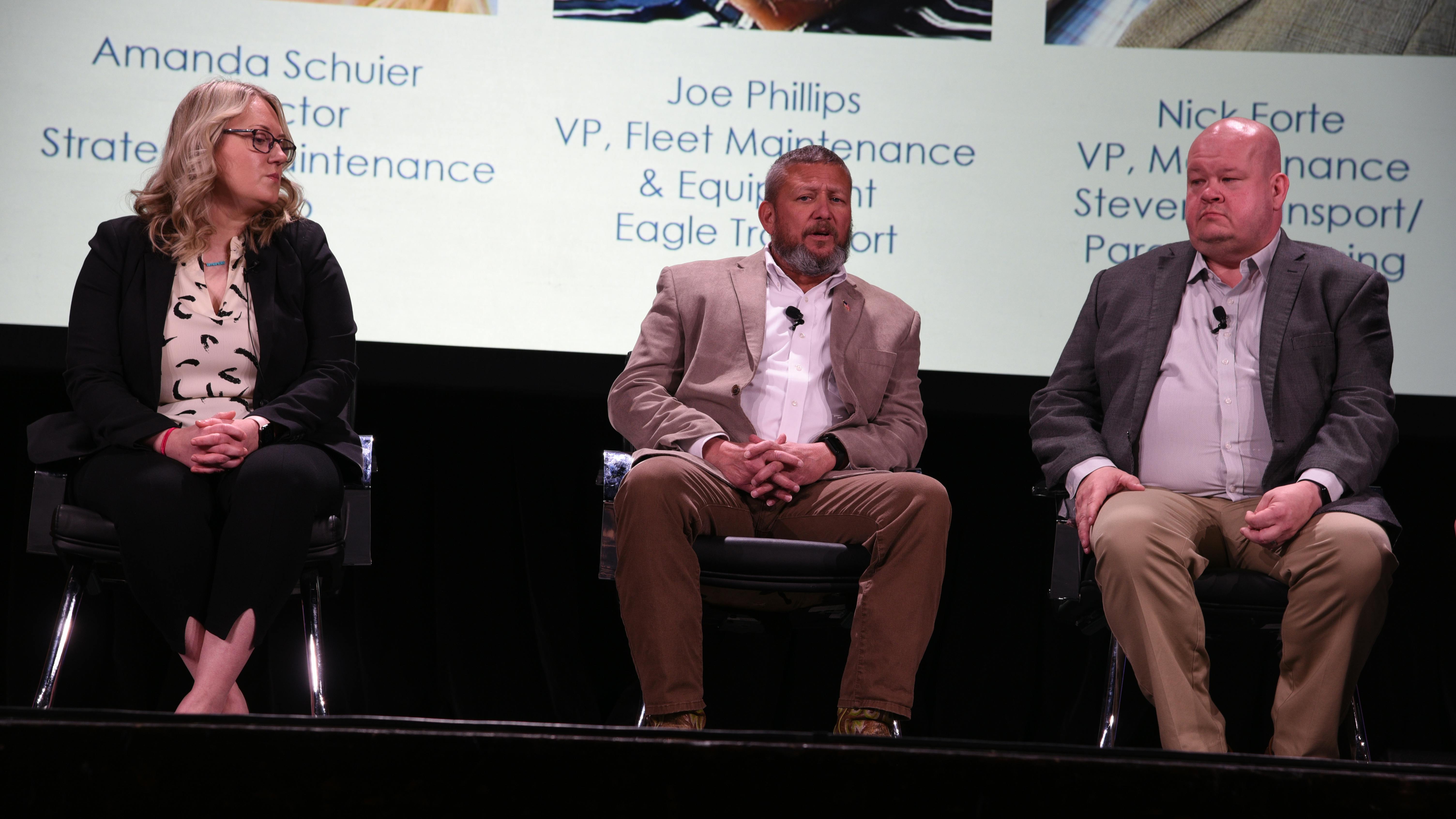 Left to right: Amanda Schuier, strategic maintenance director for Jetco Delivery and TMC General Chair; Joe Phillips, VP of Fleet Maintenance and Equipment for Eagle Transport; Nick Forte, VP of Maintenance for Stevens Transport.