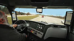 The MirrorEye A-pillar monitors display what you’d see in traditional mirrors, while the center monitor covers the blind spot between on the passenger side, front bumper, and rear wheel well, explained David Kracirik, Stoneridge director of NA fleet sales.