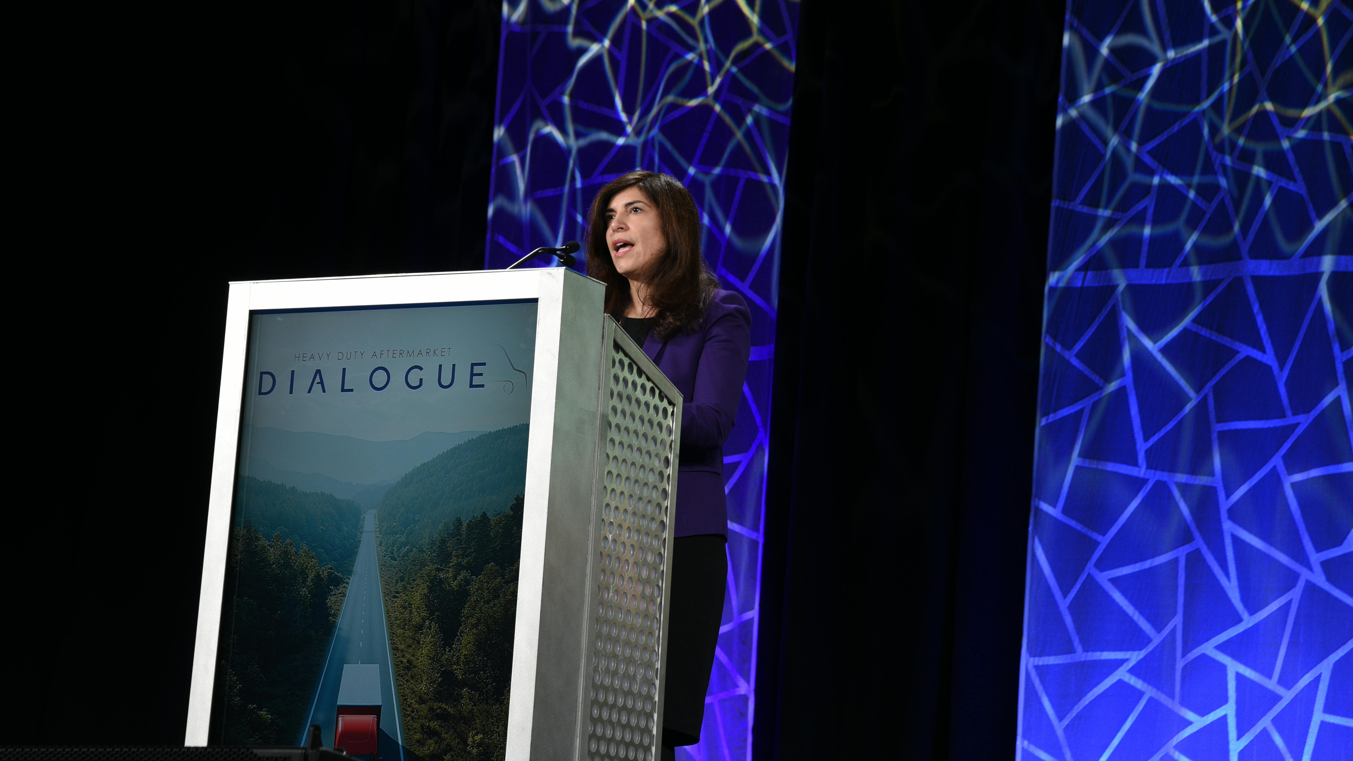 Ana Meuwissen, SVP of government affairs for MEMA, speaks about tariffs at Heavy Duty Aftermarket Dialogue in January 2025.