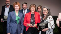 Heather Engen (left), senior VP and head of global customer success at Netradyne, and Jane Jazrawy (right), CarriersEdge CEO, stand with Shelley Schipper, President of K&J Trucking of Sioux Falls, South Dakota, 2024's Best Overall Fleet in the small carrier category. Heather Engen (left), senior VP and head of global customer success at Netradyne, and Jane Jazrawy (right), CarriersEdge CEO, stand with Shelley Schipper, President of K&J Trucking of Sioux Falls, South Dakota, 2024's Best Overall Fleet in the small carrier category.