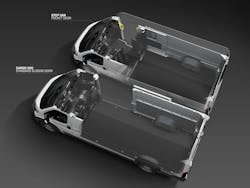 A side by side cutaway comparison view of the 2025 Ram ProMaster EV cargo van and step van models. A side by side cutaway comparison view of the 2025 Ram ProMaster EV cargo van and step van models.