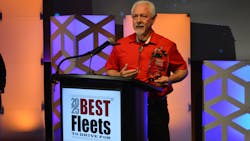 Theron Thompson, owner-operator with K&J Trucking, addresses the crowd after accepting the award for Best Overall Fleet in the small carrier category. Theron Thompson, owner-operator with K&J Trucking, addresses the crowd after accepting the award for Best Overall Fleet in the small carrier category.