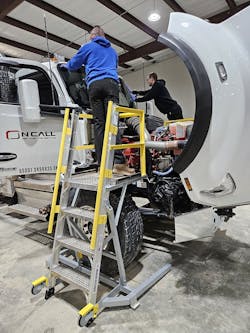 LockNClimb’s rolling platform ladders fit around the tire and provide a stable working platform inside OSHA approved 30-inch-high safety railings. LockNClimb’s rolling platform ladders fit around the tire and provide a stable working platform inside OSHA approved 30-inch-high safety railings.