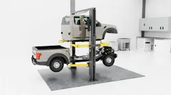 BendPak's upcoming Octa-Flex Series Two-Post Lift can hold and lift both the cab and chassis at the same time.
