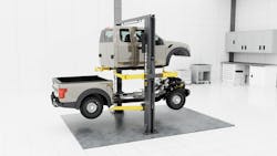 BendPak's upcoming Octa-Flex Series Two-Post Lift can hold and lift both the cab and chassis at the same time. BendPak's upcoming Octa-Flex Series Two-Post Lift can hold and lift both the cab and chassis at the same time.