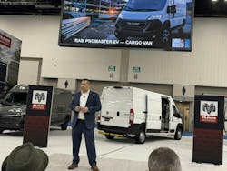 Matt Huber, SVP of Ram Brand product, addresses the audience during a press conference at NTEA's Work Truck Week. Matt Huber, SVP of Ram Brand product, addresses the audience during a press conference at NTEA's Work Truck Week.