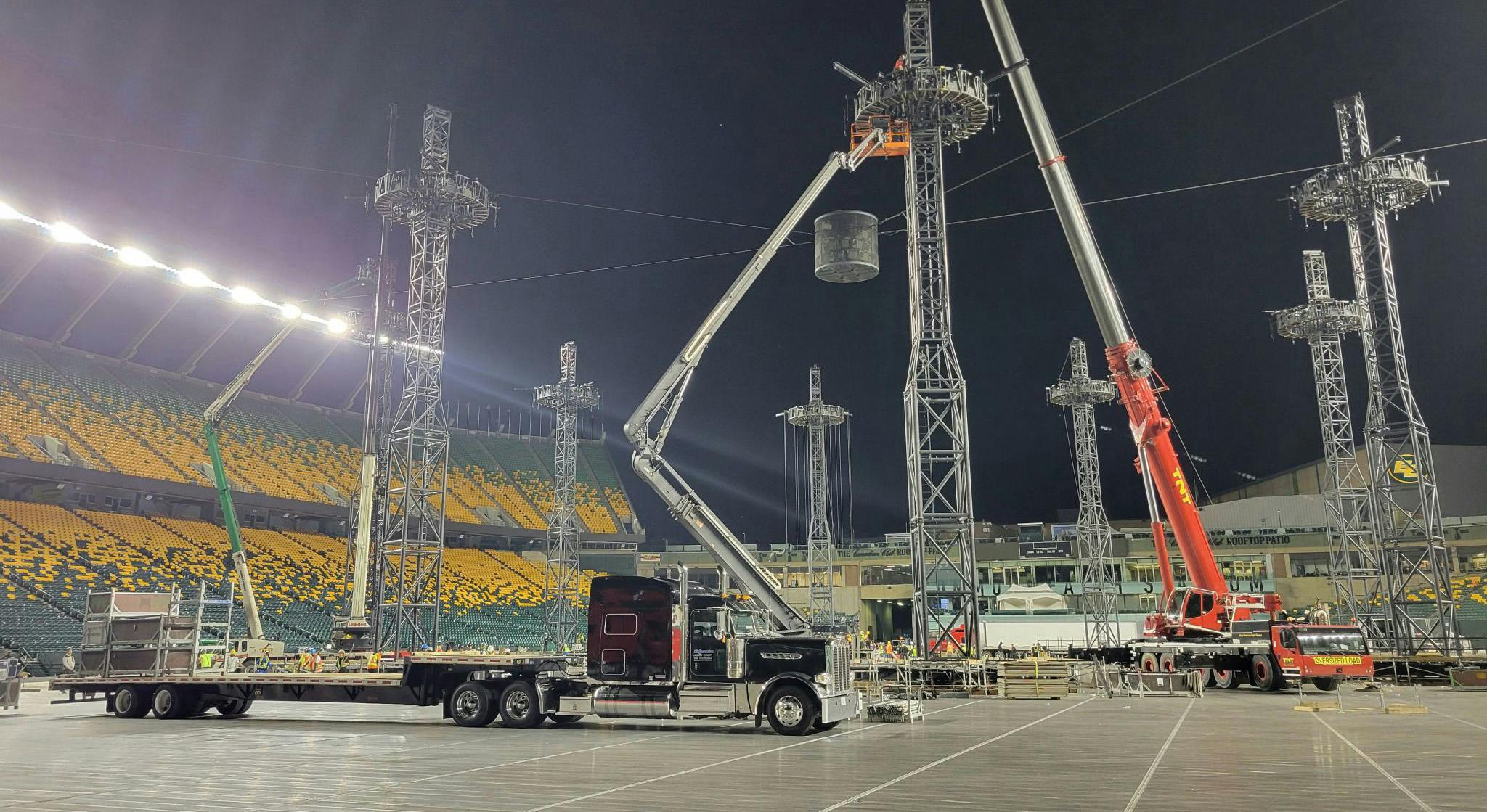 Entertainment logistics fleet Shomotion, now part of Dreamliner, has decades of experience hauling critical infrastructure for concerts and events, such as Metallica's M72 tour. This was taken at Alberta, Canada's Commonwealth Stadium last August.