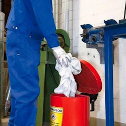 Denios offers leak-proof and OSHA/NFPA-certified waste cans meant to hold oily rags and other hazardous materials, keeping them away from ignition sources. Denios offers leak-proof and OSHA/NFPA-certified waste cans meant to hold oily rags and other hazardous materials, keeping them away from ignition sources.