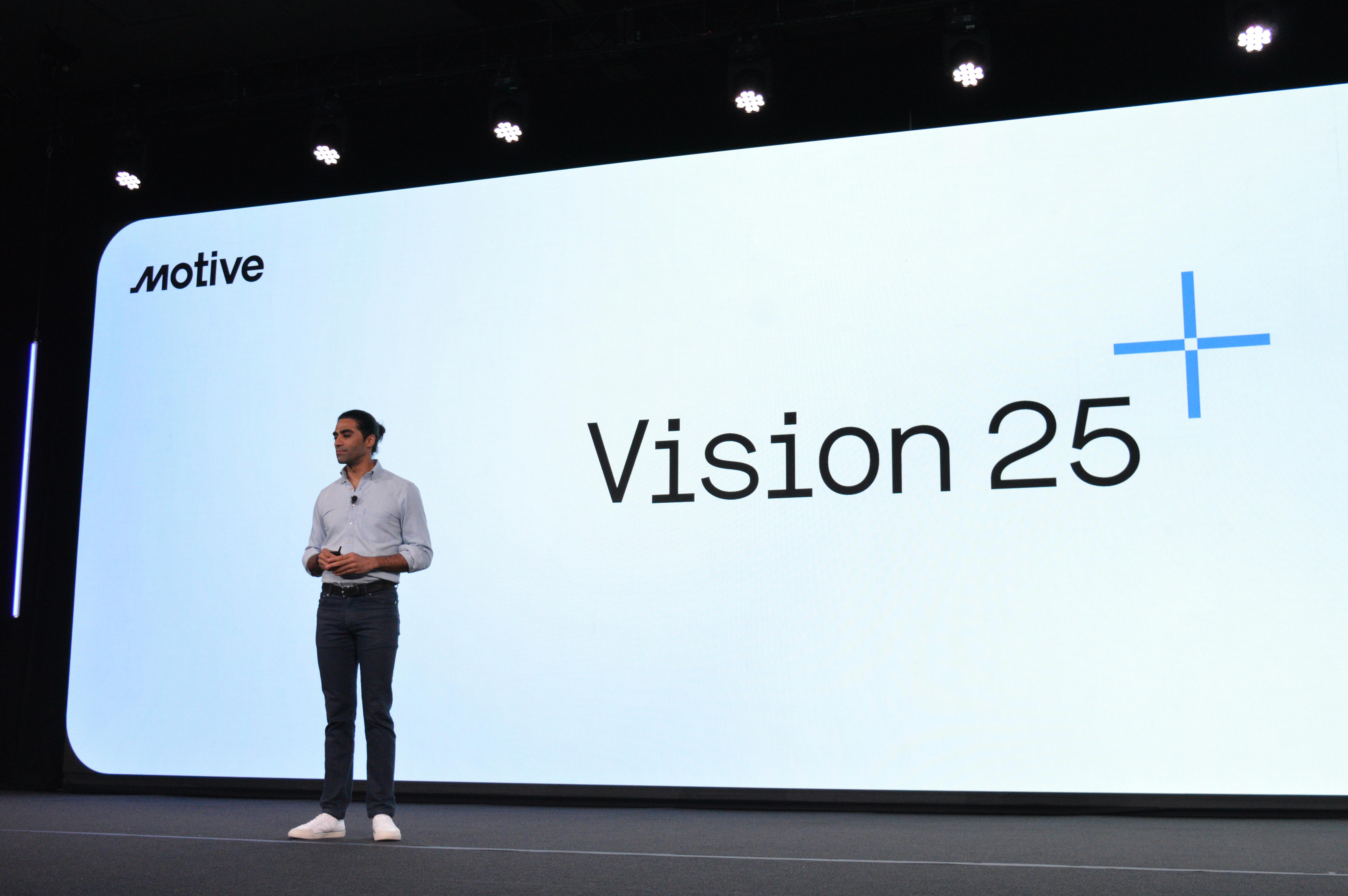 Shoaib Makani, Motive CEO and co-founder, introduces the company's new AI-powered product additions at the Keynote session of Motive Vision 25 in Austin, Texas.