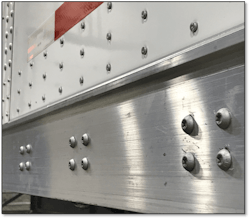 Wabash trailer designs incorporate steel bolts as connectors between the carbon steel crossmember and aluminum base rail, which eliminate the potential for “hidden corrosion” found with aluminum rivet connectors, the company said. Wabash trailer designs incorporate steel bolts as connectors between the carbon steel crossmember and aluminum base rail, which eliminate the potential for “hidden corrosion” found with aluminum rivet connectors, the company said.