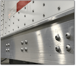 Wabash trailer designs incorporate steel bolts as connectors between the carbon steel crossmember and aluminum base rail, which eliminate the potential for “hidden corrosion” found with aluminum rivet connectors, the company said. Wabash trailer designs incorporate steel bolts as connectors between the carbon steel crossmember and aluminum base rail, which eliminate the potential for “hidden corrosion” found with aluminum rivet connectors, the company said.
