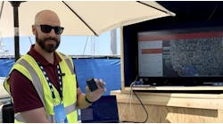 Chris Ayers, field sales engineer with Samsara, demonstrates the SOS capabilities of the company's new Wearable worker safety device. Chris Ayers, field sales engineer with Samsara, demonstrates the SOS capabilities of the company's new Wearable worker safety device.