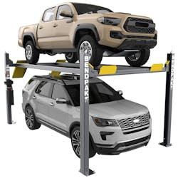 HD-9EWT extra-wide four-post lift can raise wide-body pickup trucks, cars, off-road vehicles and SUVs higher than standard four-post lifts. HD-9EWT extra-wide four-post lift can raise wide-body pickup trucks, cars, off-road vehicles and SUVs higher than standard four-post lifts.
